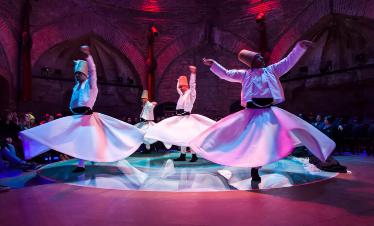 Turkish Semazens (Whirling Dervishes) during a Mawlawi ceremony in Istanbul.